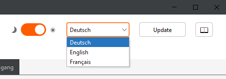 Sprachwahl, Hell-Dunkel-Modus und Dokumentationszugriff